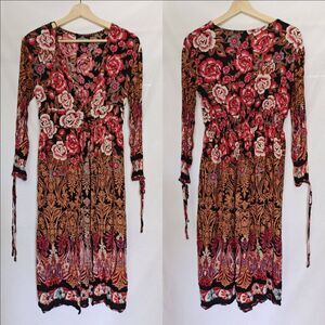 Angie Duster Kimono Coat Topper Floral Paisley Smocked Midi Red Black Tan M Boho